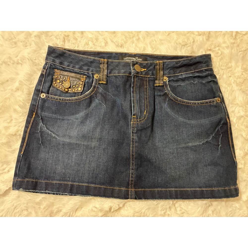 London Jean Studded Denim Mini Skirt Dark Wash Cotton Western Biker Sz 8 - Picture 2 of 6
